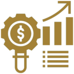 A gear icon with a dollar sign inside, next to a rising bar graph with an upward arrow - STRATEGIC GUIDANCE TO INTEGRATE YOUR LIFE